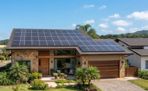 Casa em Navegantes SC com painéis solares fotovoltaicos no telhado, aproveitando a irradiação solar do litoral norte catarinense.